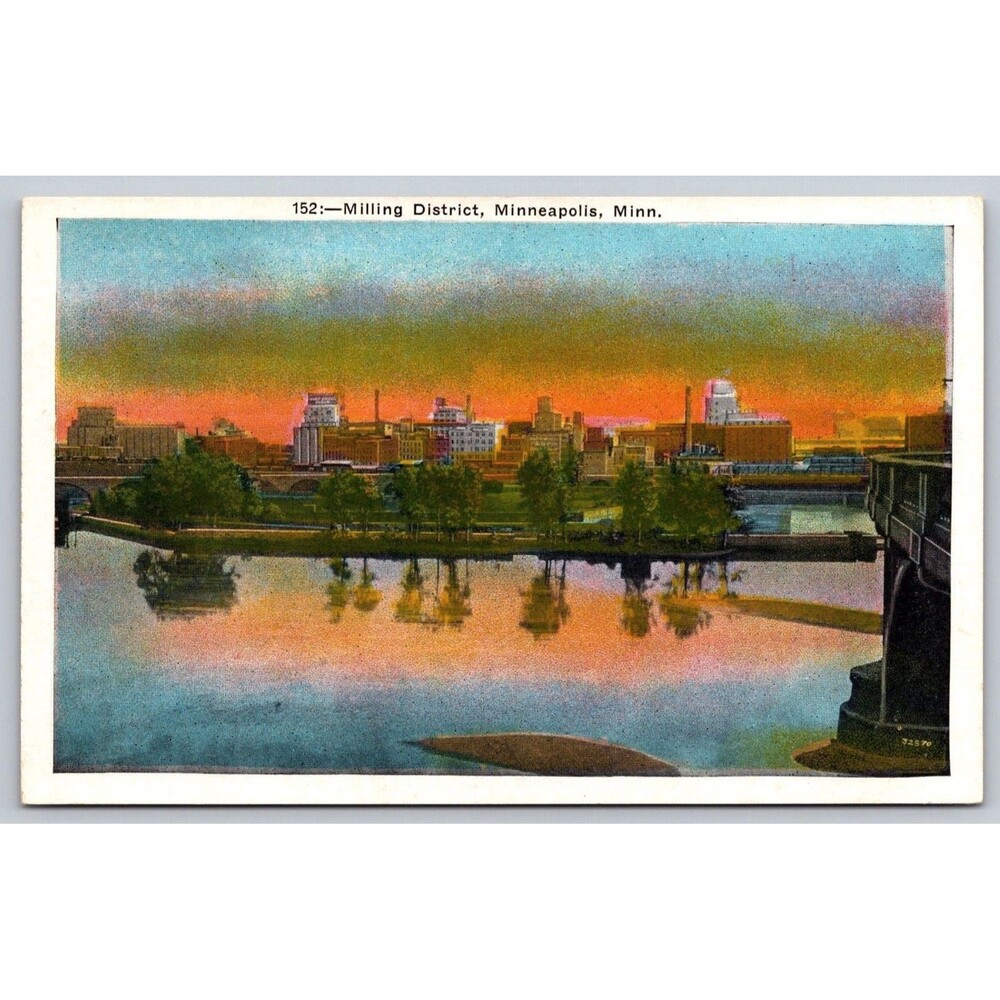 Vintage Postcard 152 Milling District Minneapolis MN Sunset River Skyline Olson